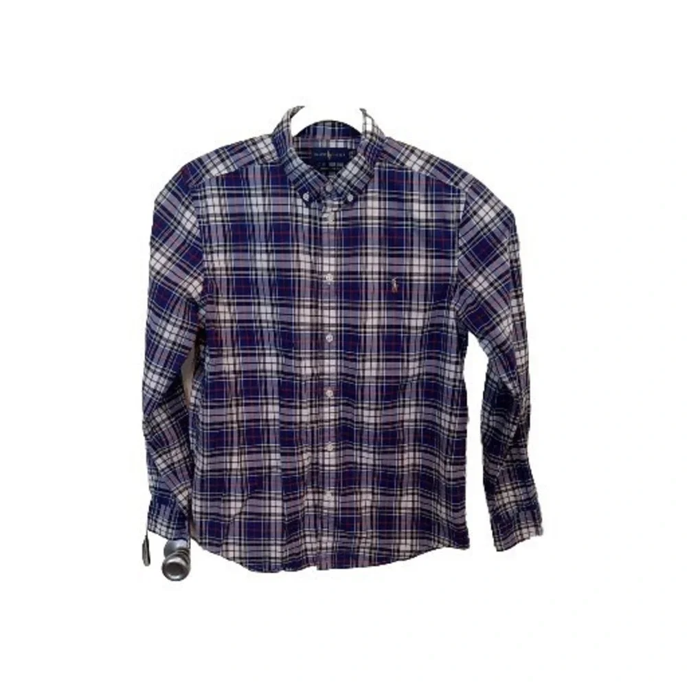 Ralph Lauren Boys XL Shirt Blue Plaid Long Sleeve Button Up Polo Pony Logo